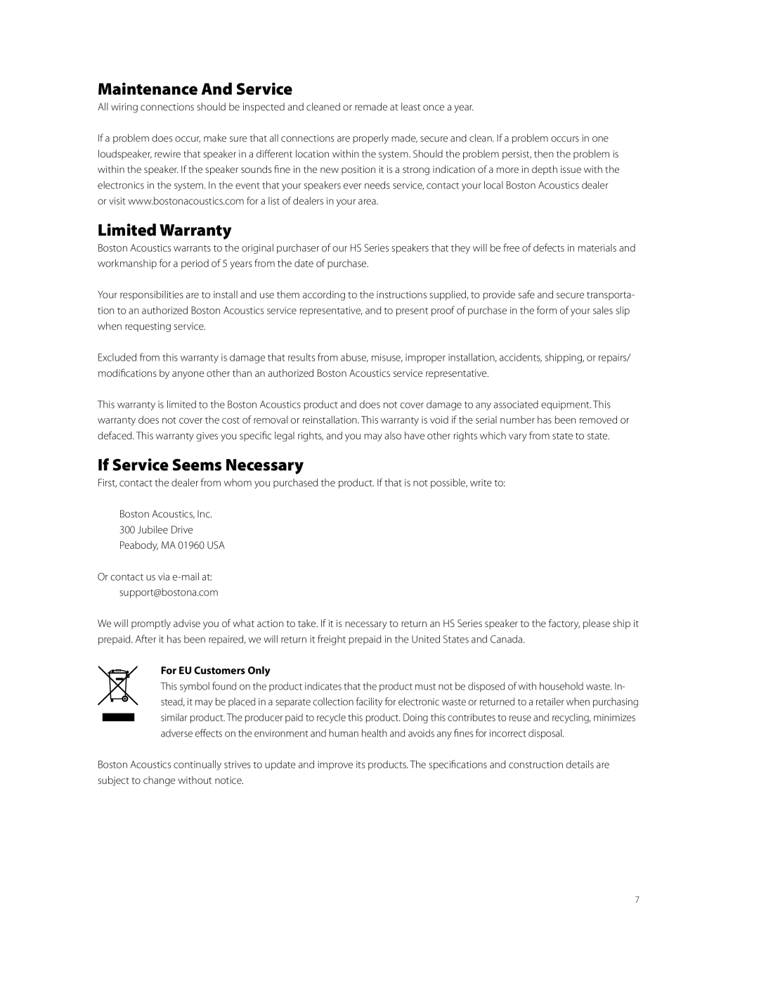 Boston Acoustics HS225 Maintenance And Service, Limited Warranty, If Service Seems Necessary, For EU Customers Only 