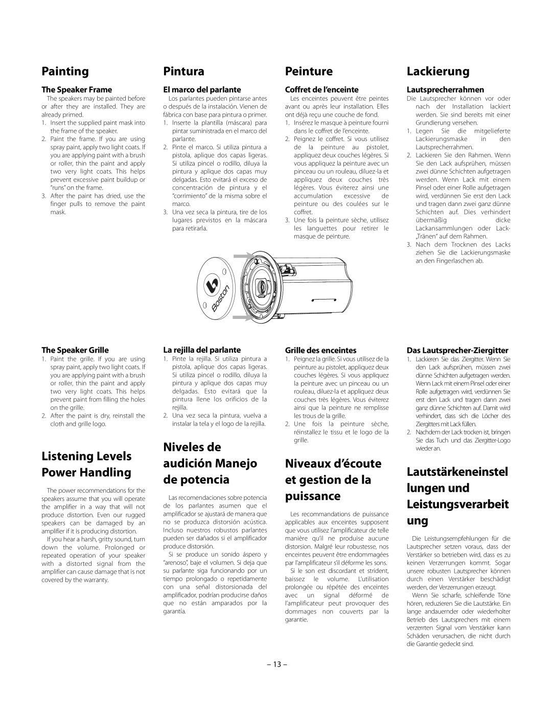 Boston Acoustics HSi 435, HSi 430 owner manual Painting Pintura Peinture, Niveles de audición Manejo de potencia 