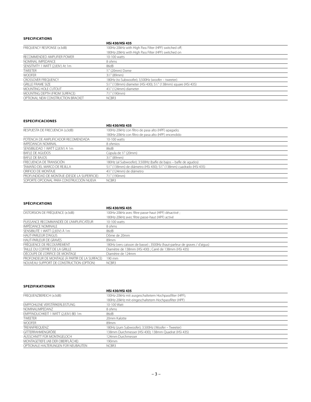 Boston Acoustics HSi 435, HSi 430 owner manual Specifications 