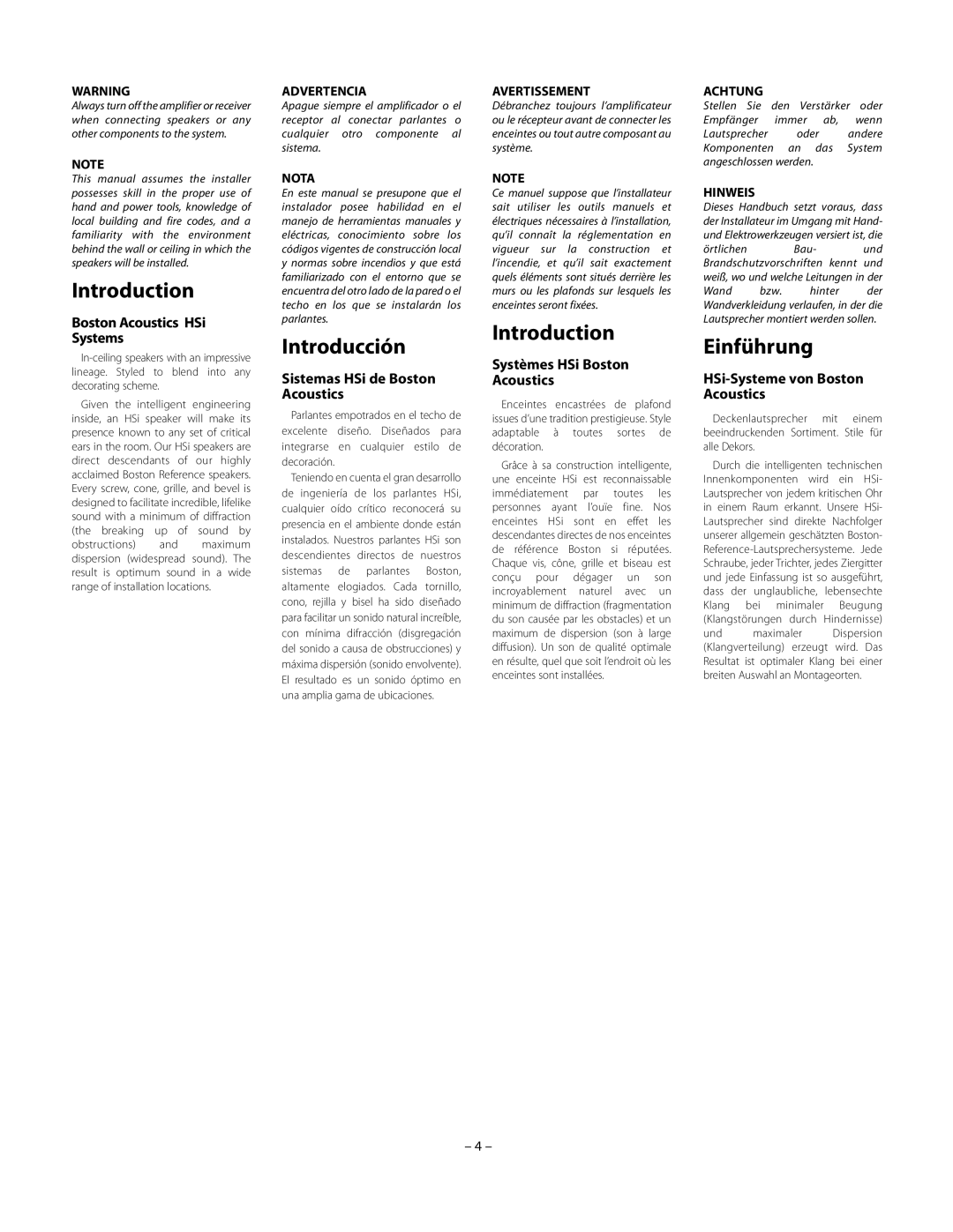 Boston Acoustics HSi 430, HSi 435 owner manual Introduction, Introducción, Einführung 