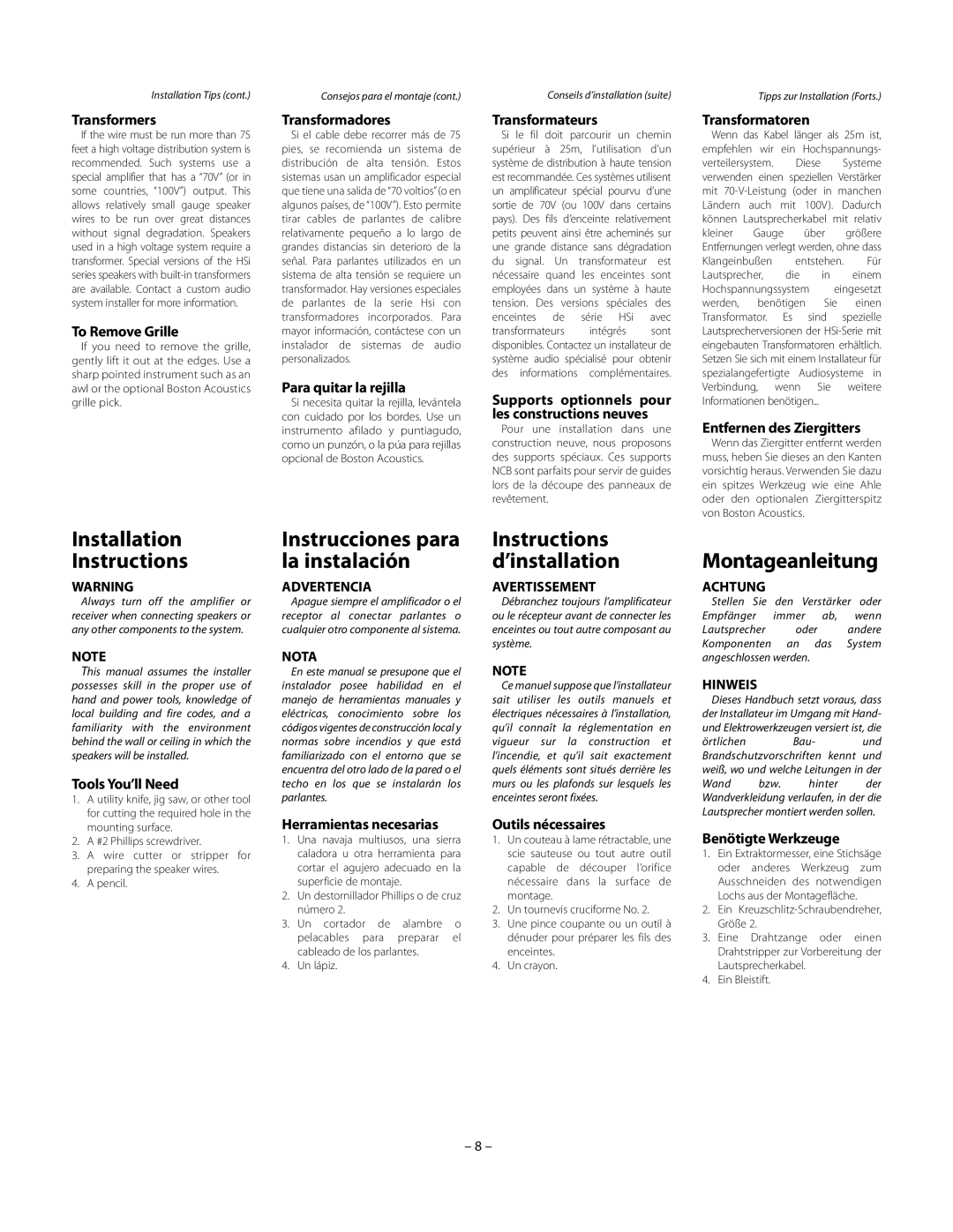 Boston Acoustics HSi 430, HSi 435 owner manual Installation Instructions, Montageanleitung, Instructions d’installation 