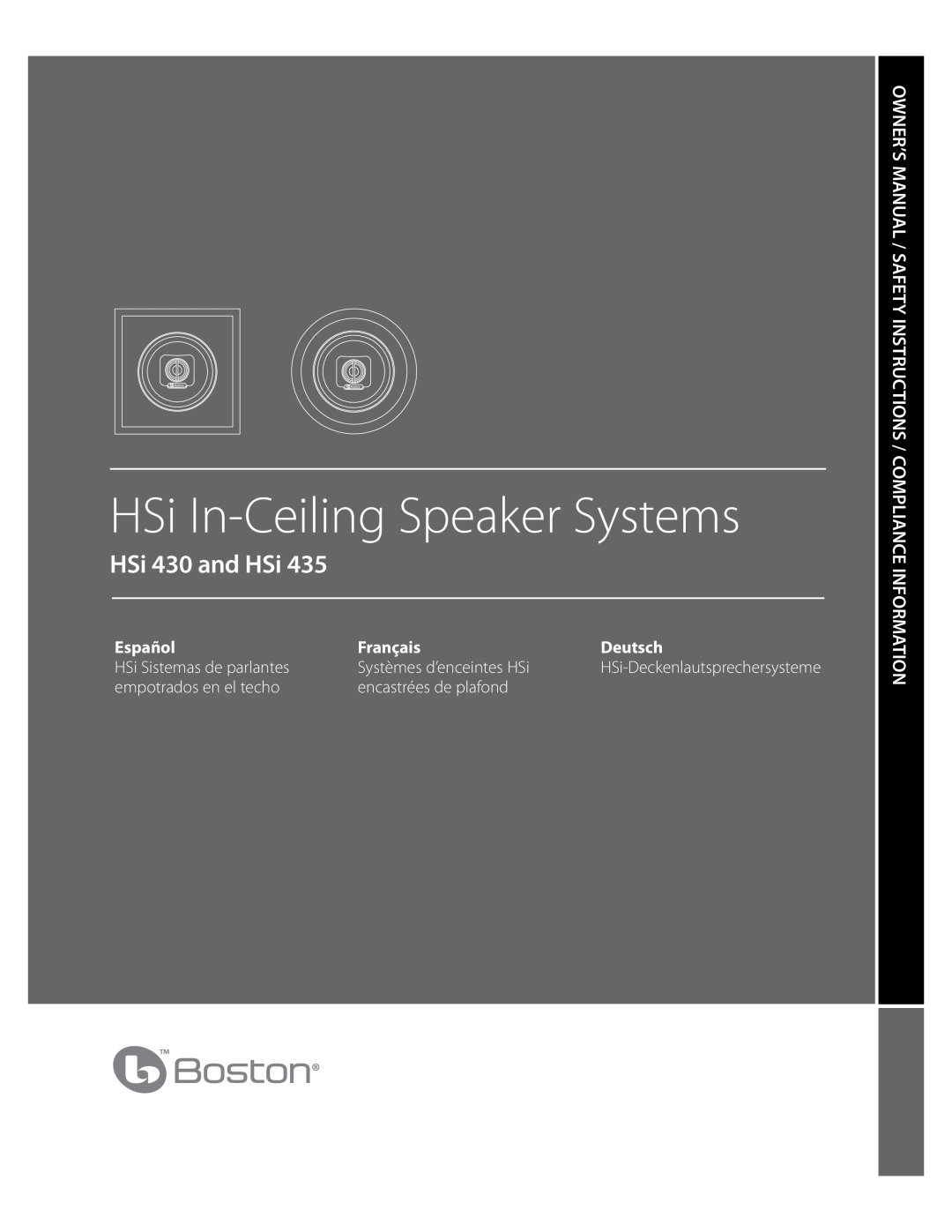 Boston Acoustics HSi 435 owner manual HSi In-CeilingSpeaker Systems, HSi 430 and HSi, Español, Français, Deutsch 