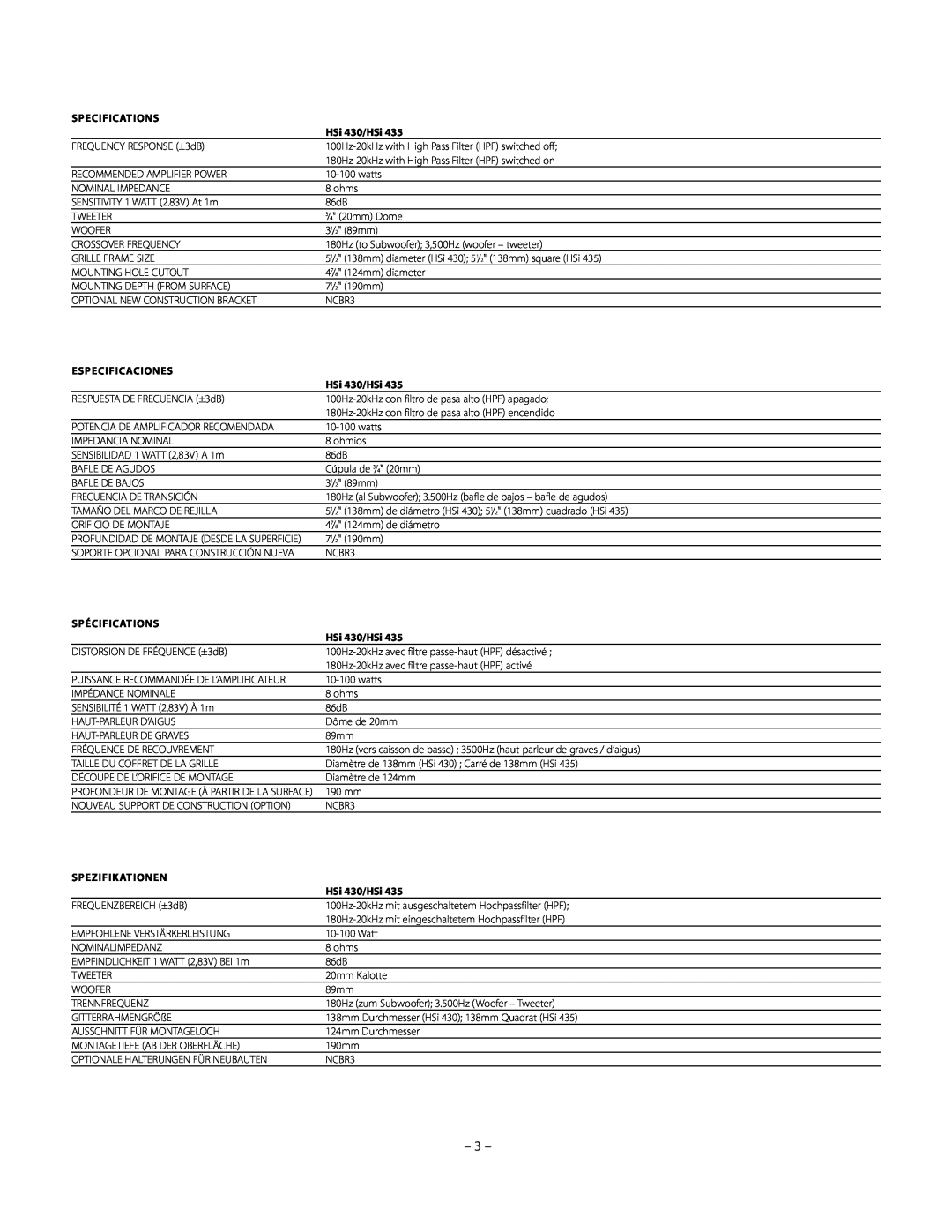 Boston Acoustics HSi 435 owner manual Specifications, HSi 430/HSi, Especificaciones, Spécifications, Spezifikationen 