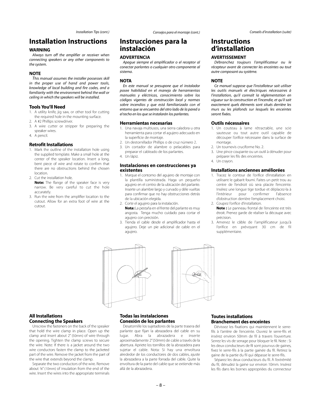 Boston Acoustics HSi 430CV, HSi 435CV owner manual Installation Instructions, Instrucciones para la instalación 