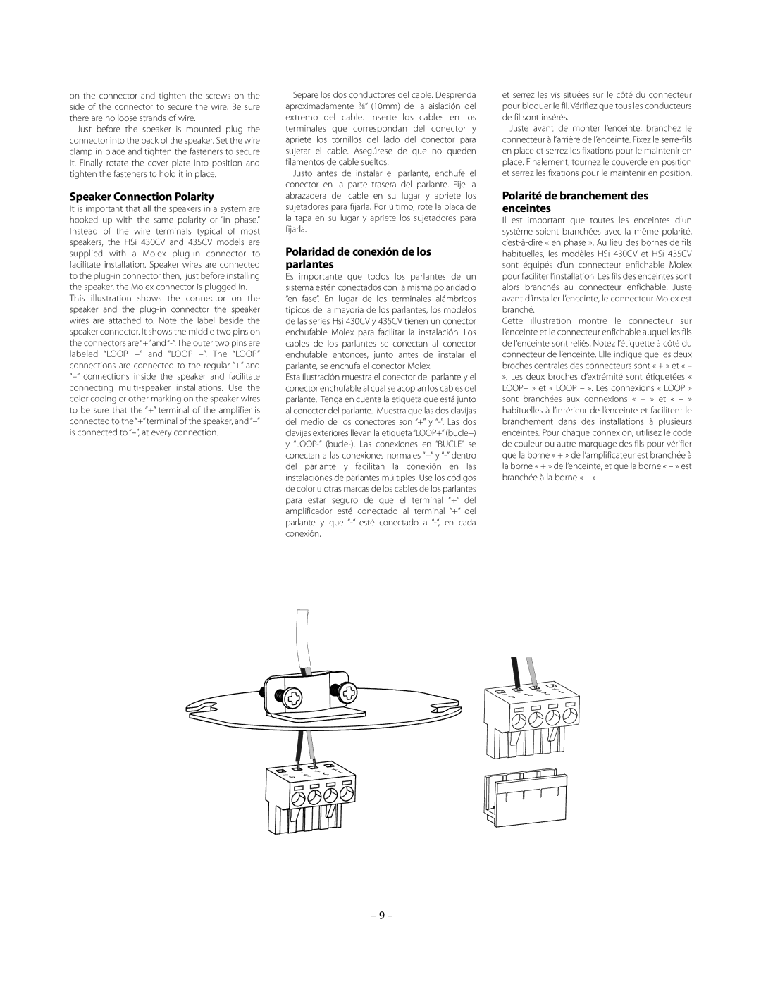 Boston Acoustics HSi 435CV, HSi 430CV owner manual Speaker Connection Polarity, Polaridad de conexión de los parlantes 