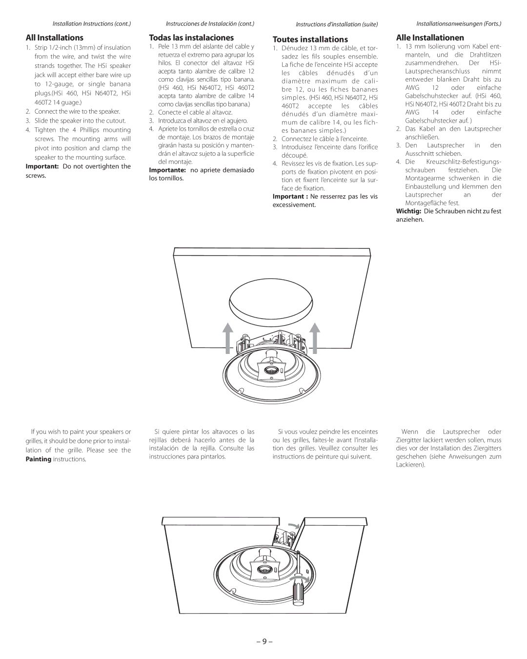 Boston Acoustics HSi N740 manual All Installations, Todas las instalaciones, Toutes installations, Alle Installationen 