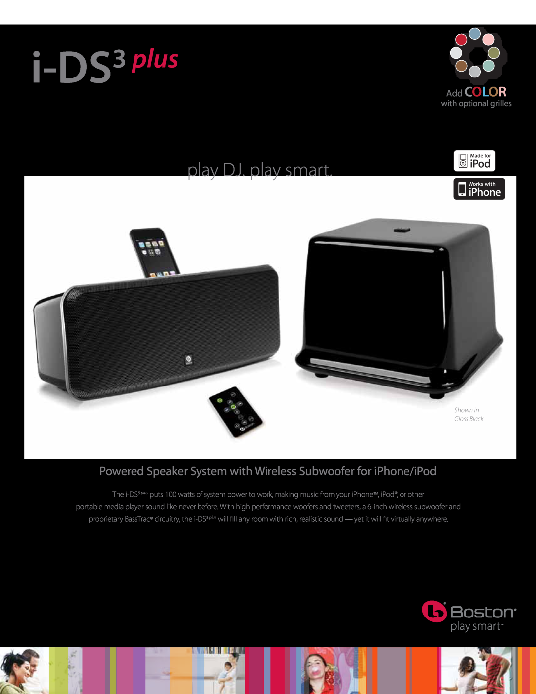 Boston Acoustics I-DS3 plus manual i-DS3 plus, play DJ. play smart, Add COLOR, with optional grilles 