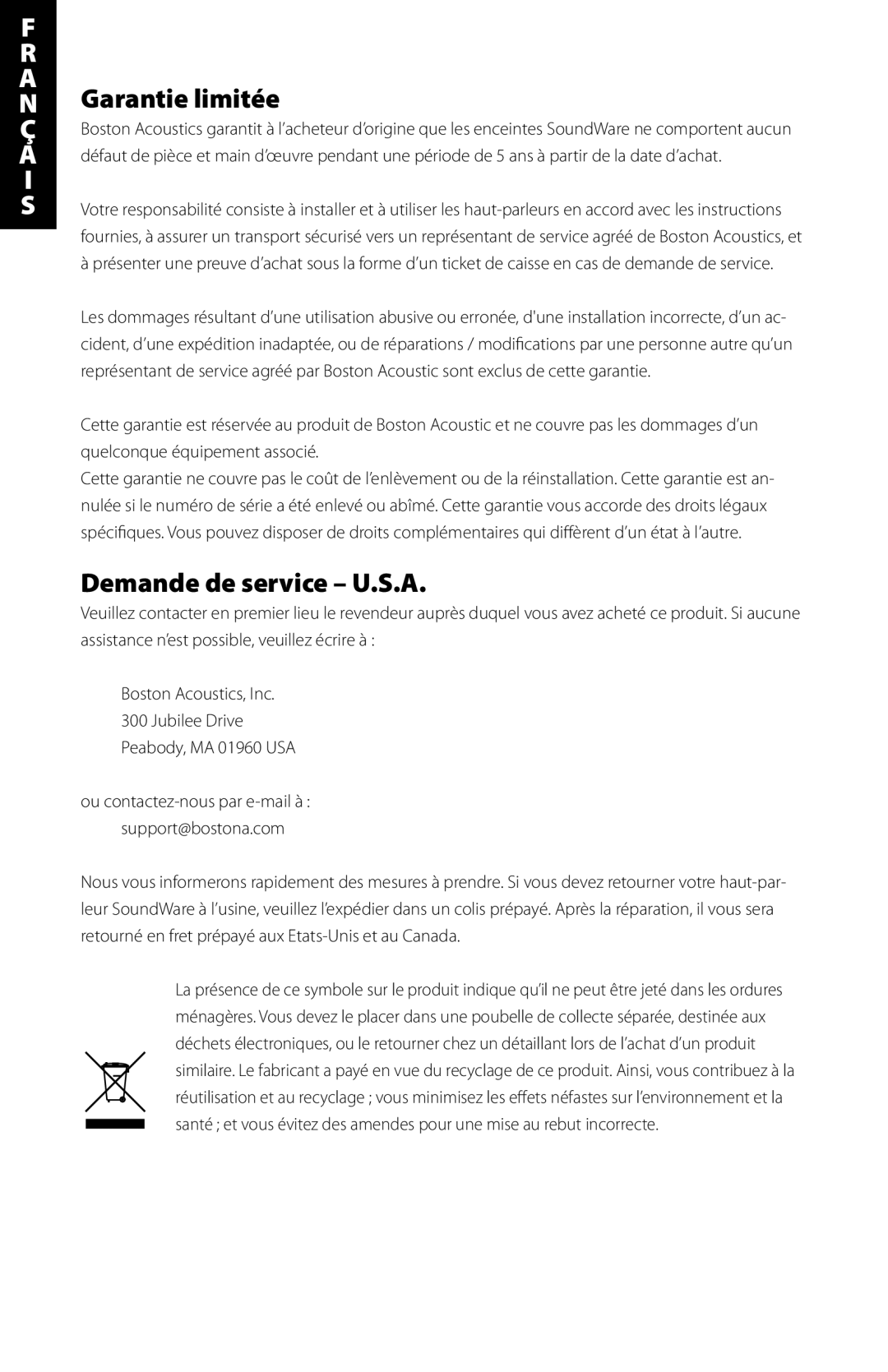 Boston Acoustics Indoor / Outdoor Speaker manual Garantie limitée, Demande de service U.S.A 