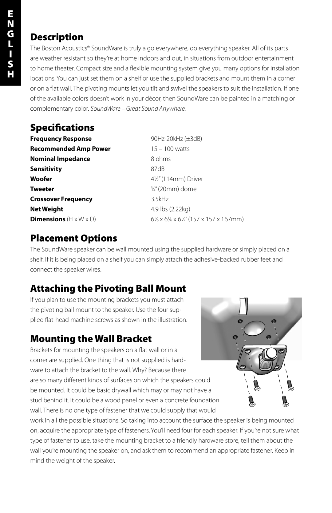 Boston Acoustics Indoor / Outdoor Speaker manual Description, Specifications, Placement Options, Mounting the Wall Bracket 