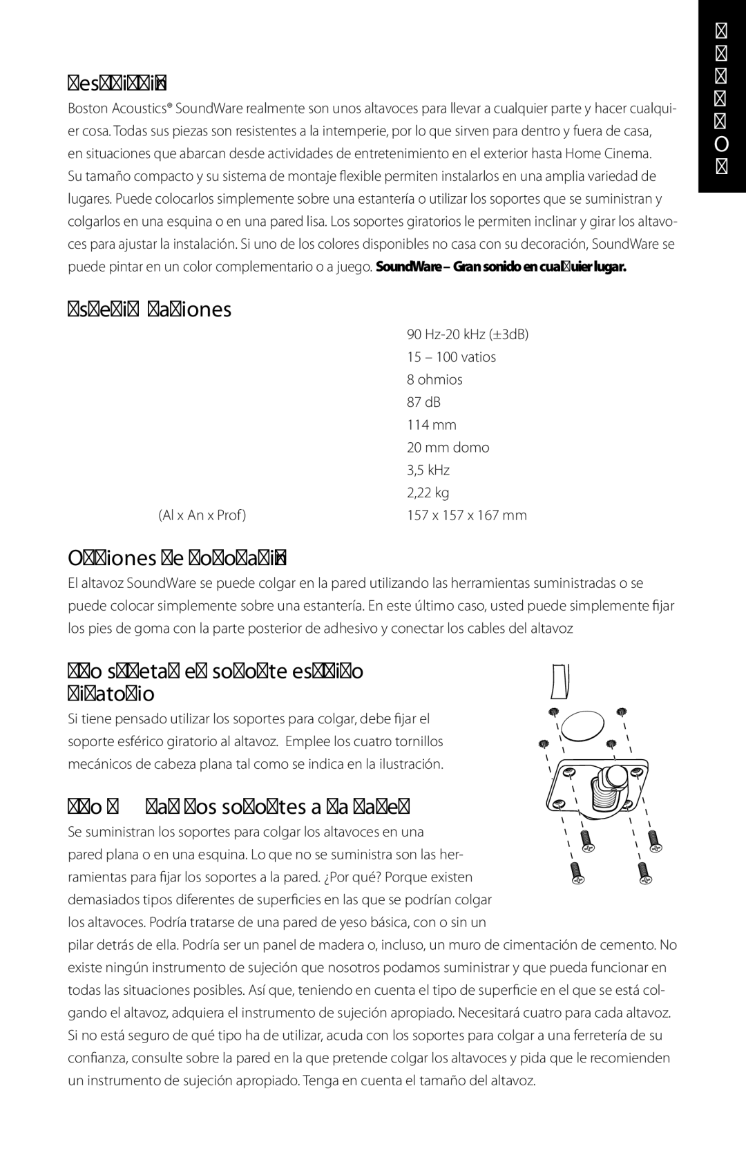 Boston Acoustics Indoor / Outdoor Speaker manual Descripción, Especificaciones, Opciones de colocación 