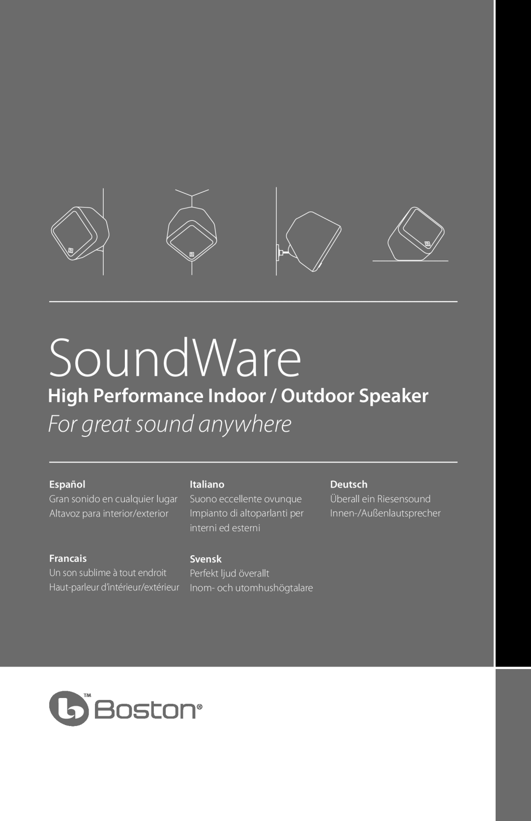 Boston Acoustics Indoor / Outdoor Speaker manual SoundWare, For great sound anywhere, Español, Italiano, Deutsch, Francais 