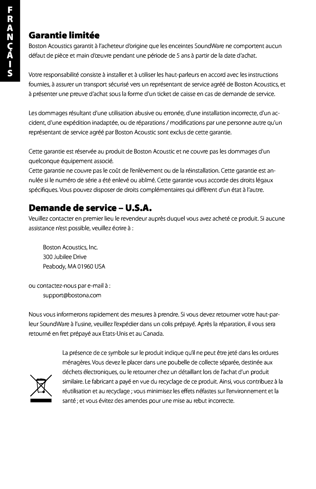 Boston Acoustics Indoor / Outdoor Speaker manual NGarantie limitée, Demande de service - U.S.A, F R A 