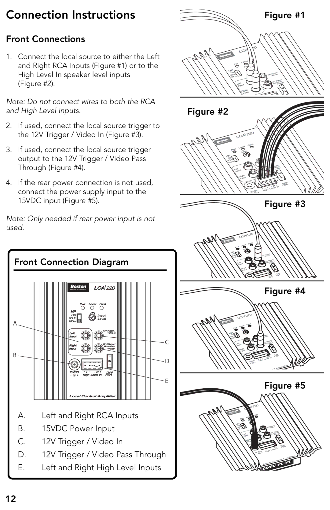 Boston Acoustics LCAi220 manual Connection Instructions, Front Connections, Front Connection Diagram 