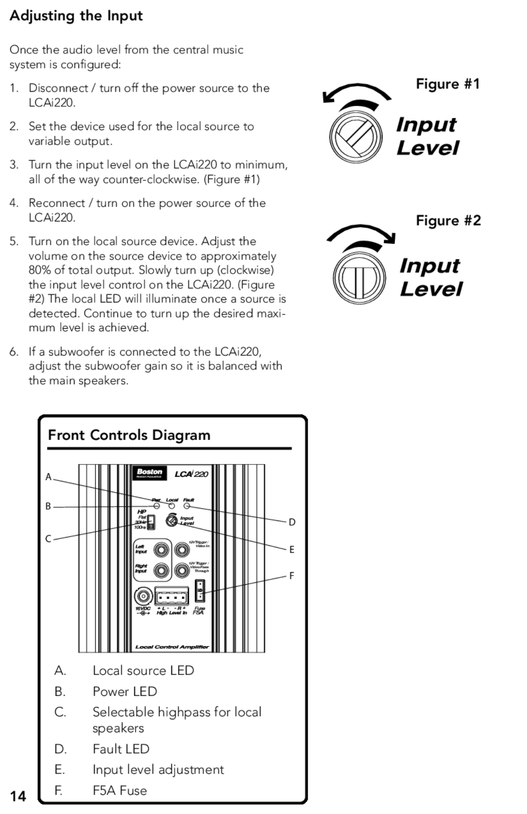 Boston Acoustics LCAi220 manual Adjusting the Input, Figure #2 Front Controls Diagram 