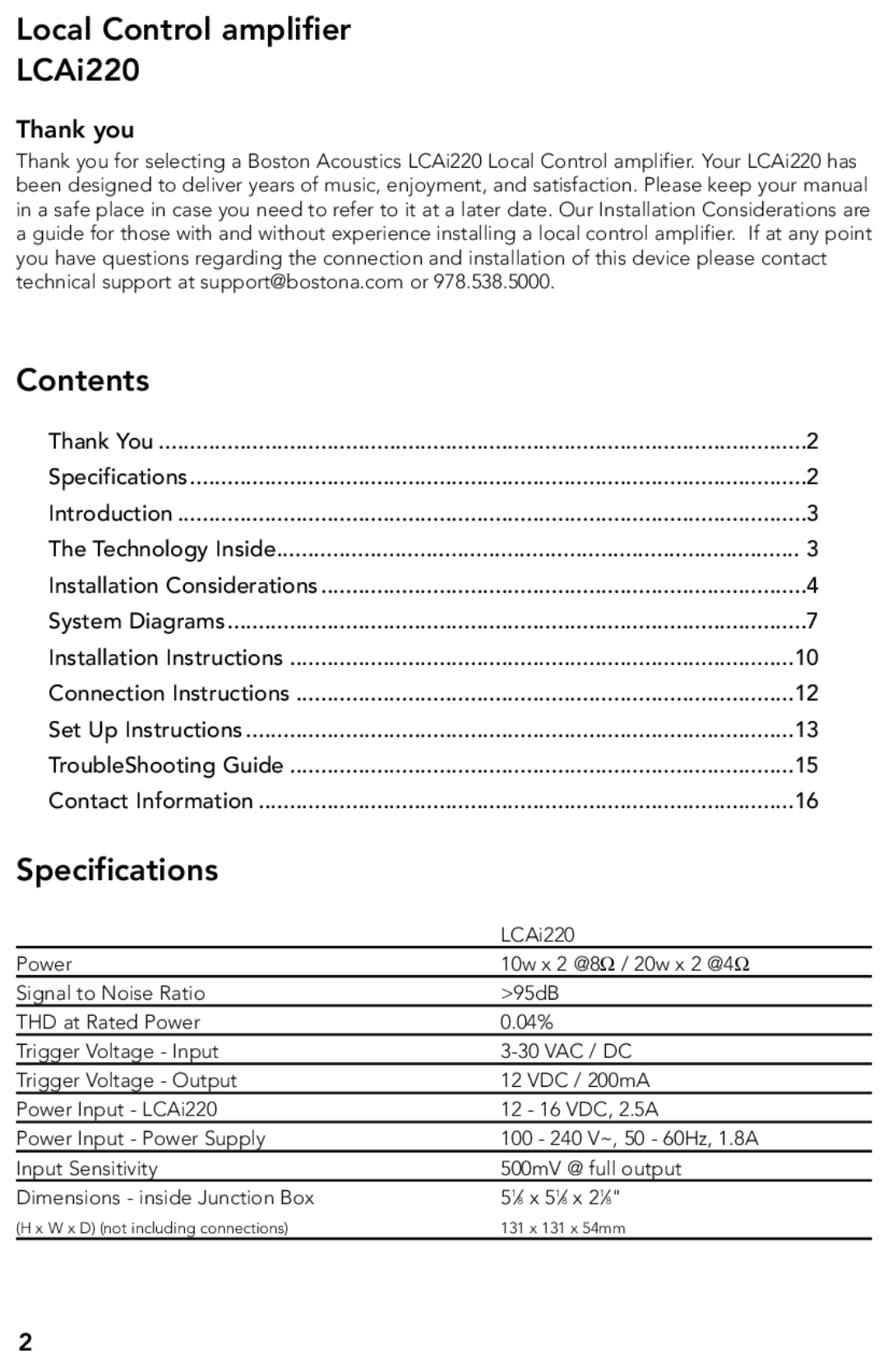 Boston Acoustics manual Local Control amplifier LCAi220, Contents, Specifications 