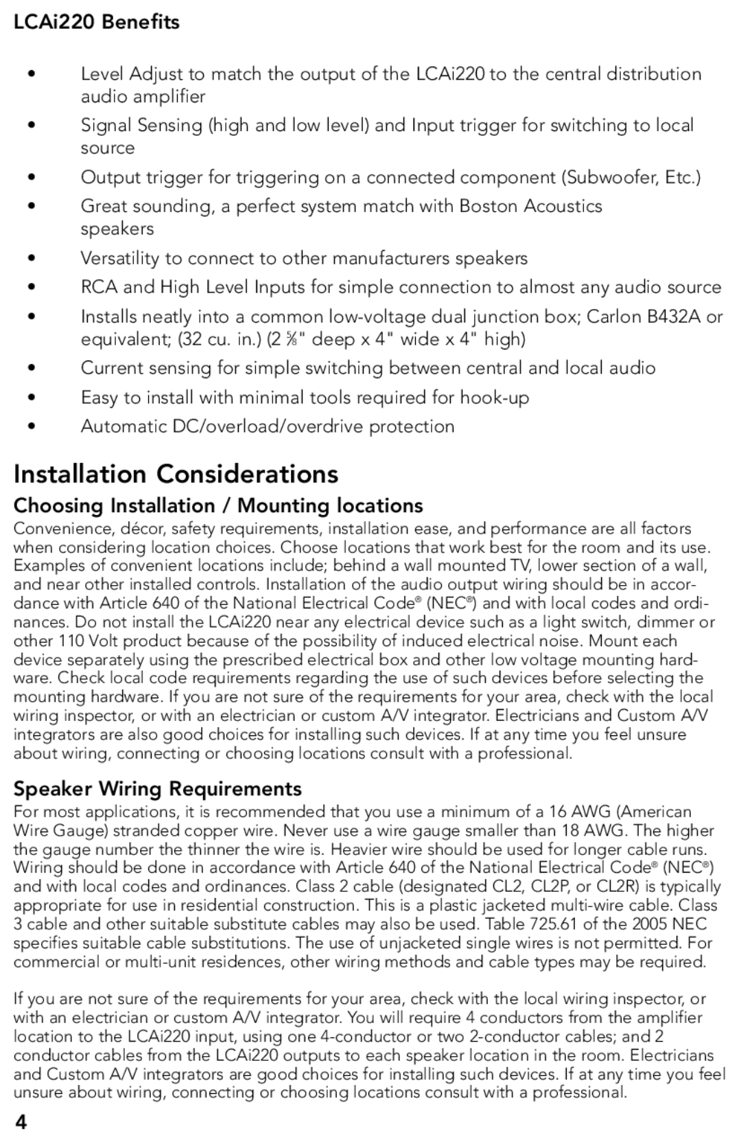 Boston Acoustics manual Installation Considerations, LCAi220 Benefits, Choosing Installation / Mounting locations 