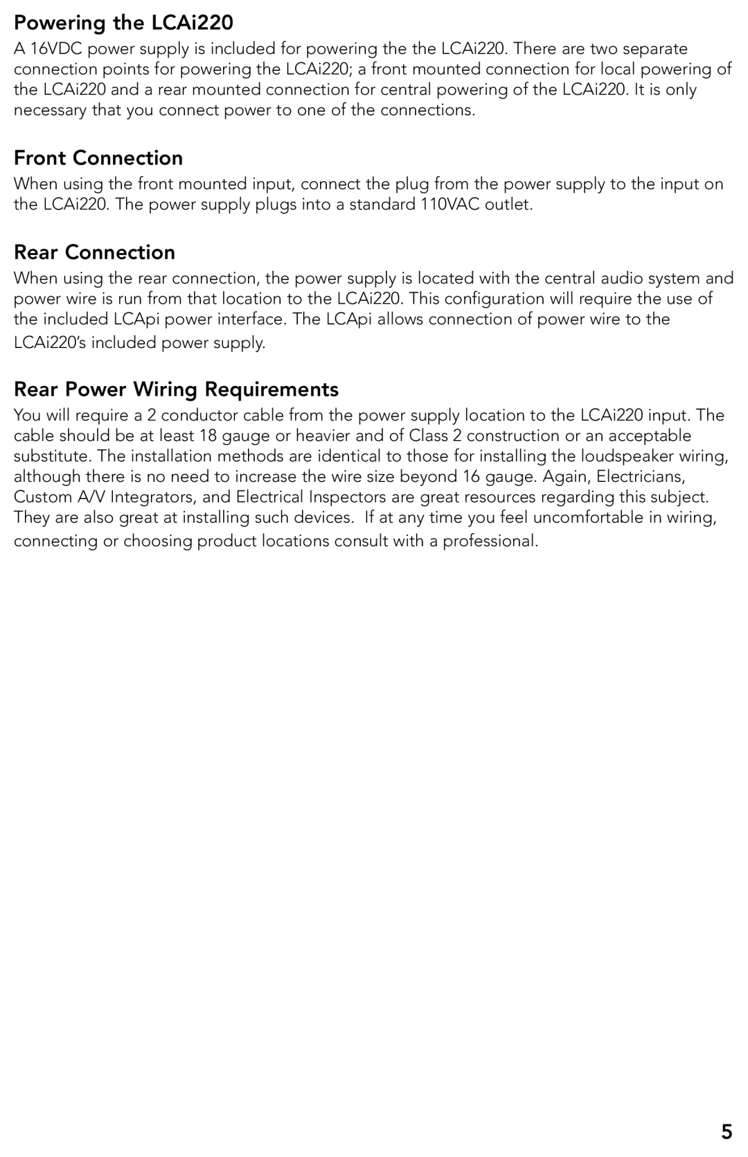 Boston Acoustics manual Powering the LCAi220, Front Connection, Rear Connection, Rear Power Wiring Requirements 