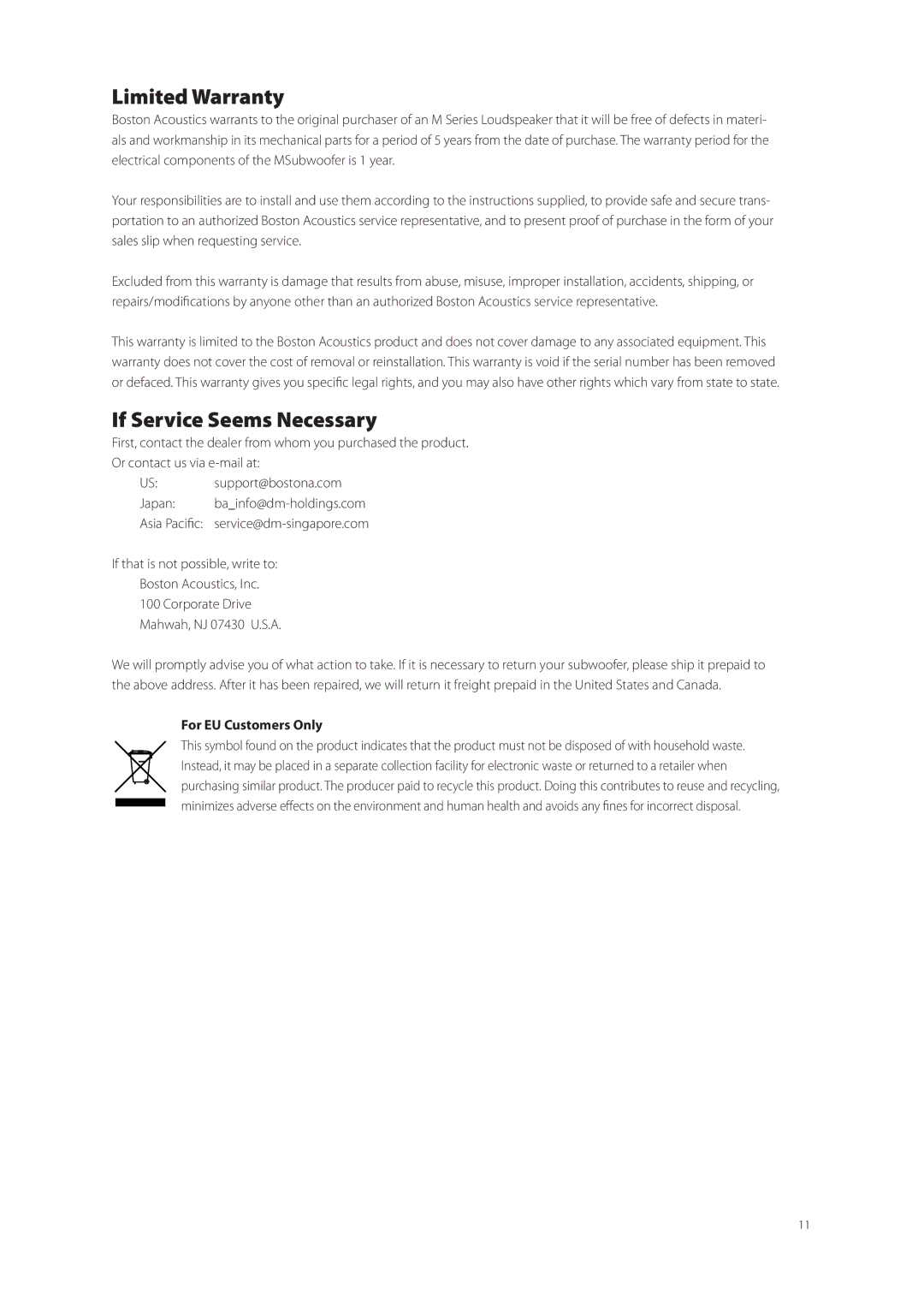 Boston Acoustics M340, M250, M350 owner manual Limited Warranty, If Service Seems Necessary, For EU Customers Only 