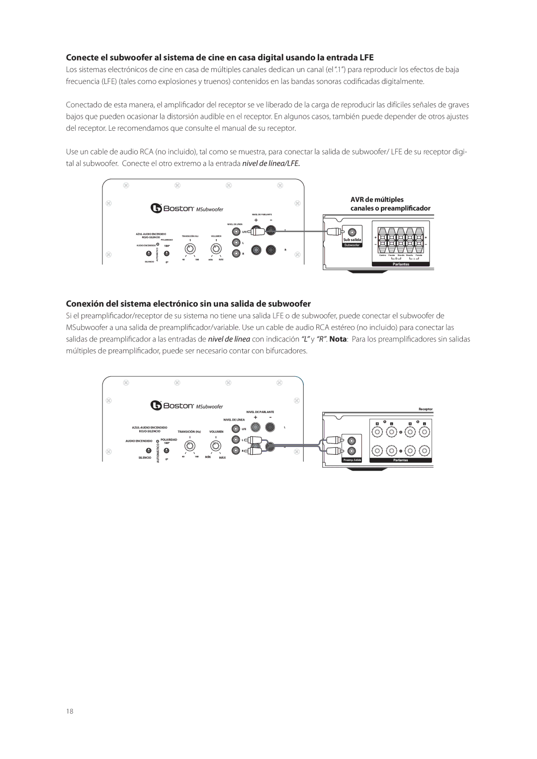 Boston Acoustics M250, M350, M340 owner manual Conexión del sistema electrónico sin una salida de subwoofer 