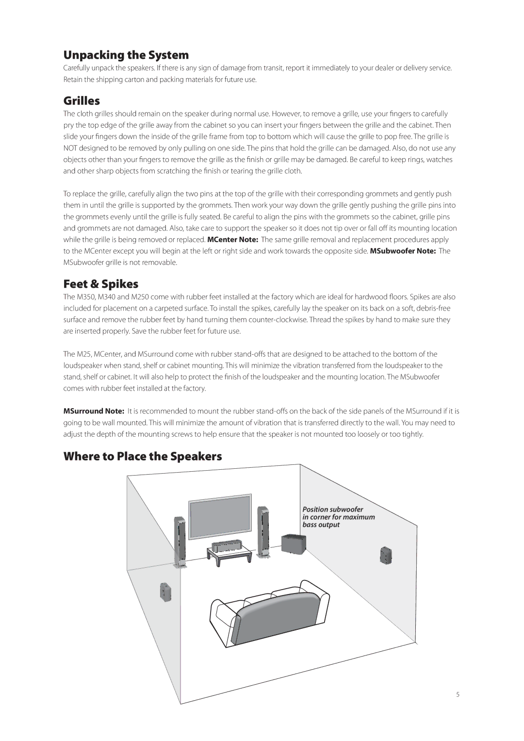 Boston Acoustics M340, M250, M350 owner manual Unpacking the System, Grilles, Feet & Spikes, Where to Place the Speakers 