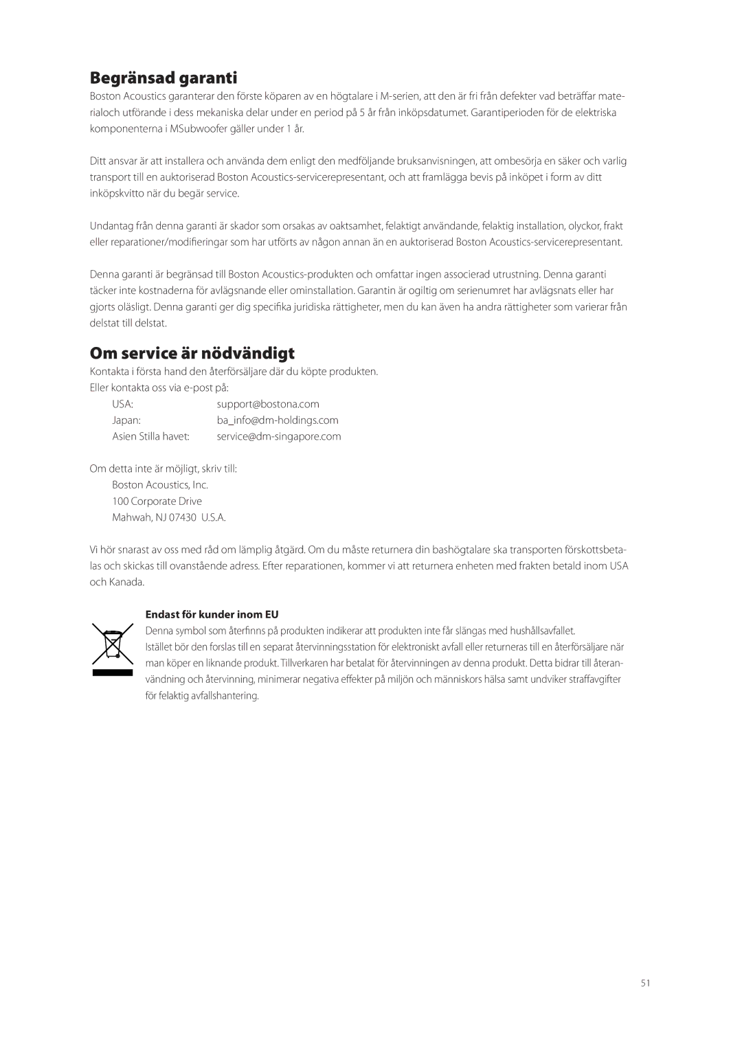 Boston Acoustics M250, M350, M340 owner manual Begränsad garanti, Om service är nödvändigt, Endast för kunder inom EU 