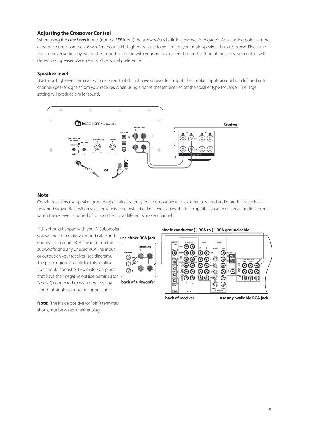 Boston Acoustics M250, M350, M340 Adjusting the Crossover Control, Speaker level, Single conductor RCA to RCA ground cable 