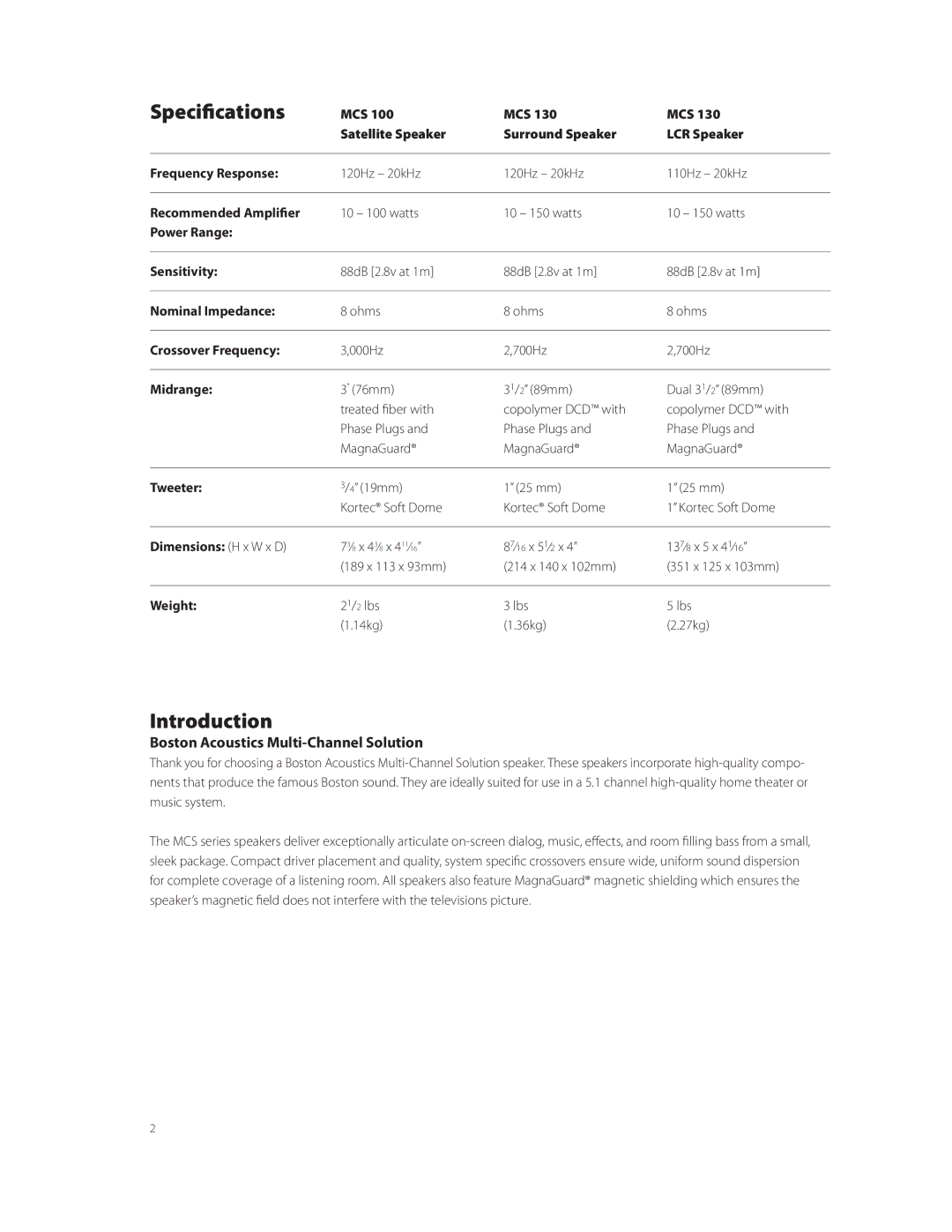 Boston Acoustics MCS 100 SATELLITE, MCS 130 LCR, MCS 130 SURROUND owner manual Specifications, Introduction 