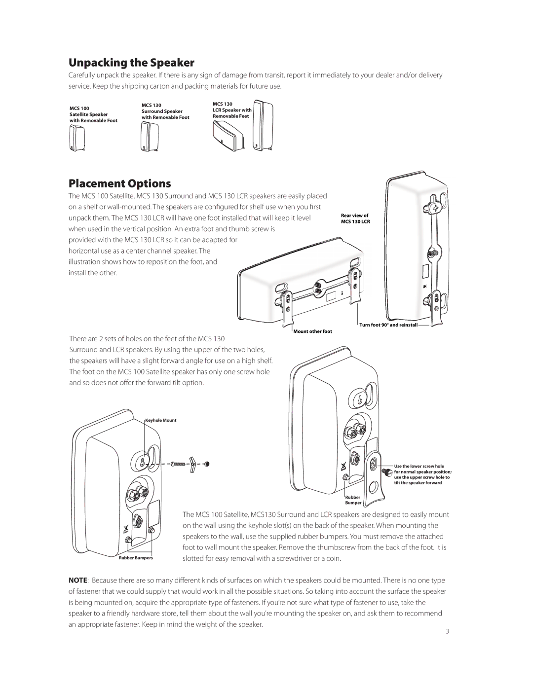 Boston Acoustics MCS 130 LCR, MCS 130 SURROUND, MCS 100 SATELLITE owner manual Unpacking the Speaker, Placement Options 