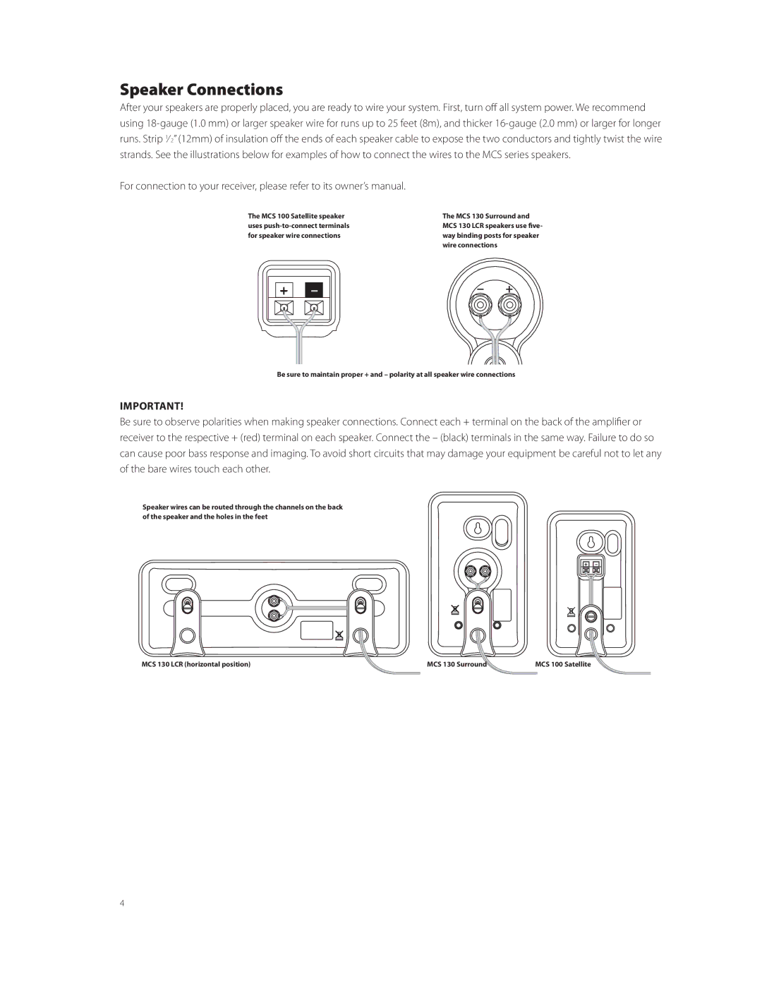 Boston Acoustics MCS 130 SURROUND, MCS 130 LCR, MCS 100 SATELLITE owner manual Speaker Connections 