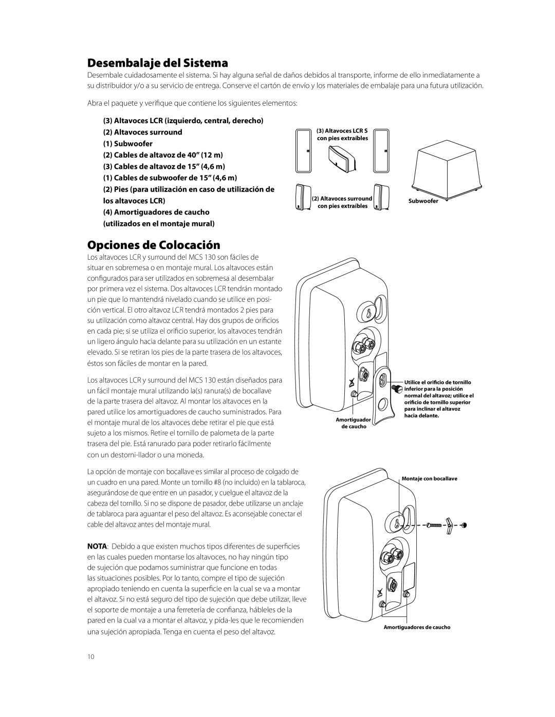 Boston Acoustics MCS 130 owner manual Desembalaje del Sistema, Opciones de Colocación 