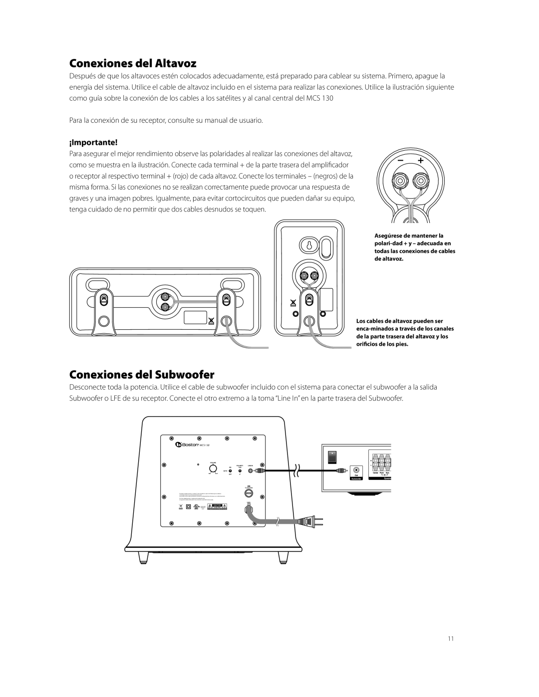 Boston Acoustics MCS 130 owner manual Conexiones del Altavoz, Conexiones del Subwoofer, ¡Importante 