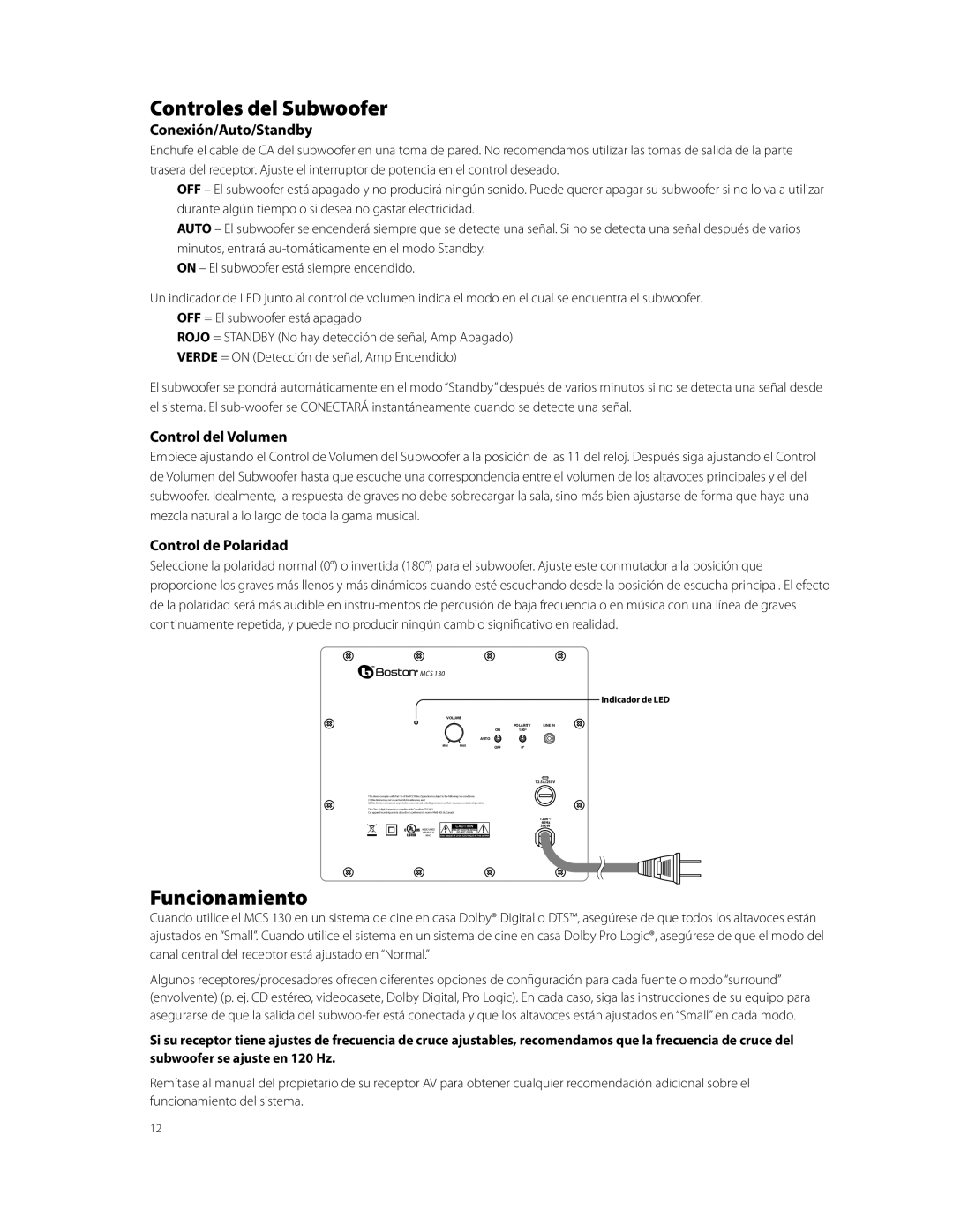 Boston Acoustics MCS 130 owner manual Controles del Subwoofer, Funcionamiento, Conexión/Auto/Standby, Control del Volumen 