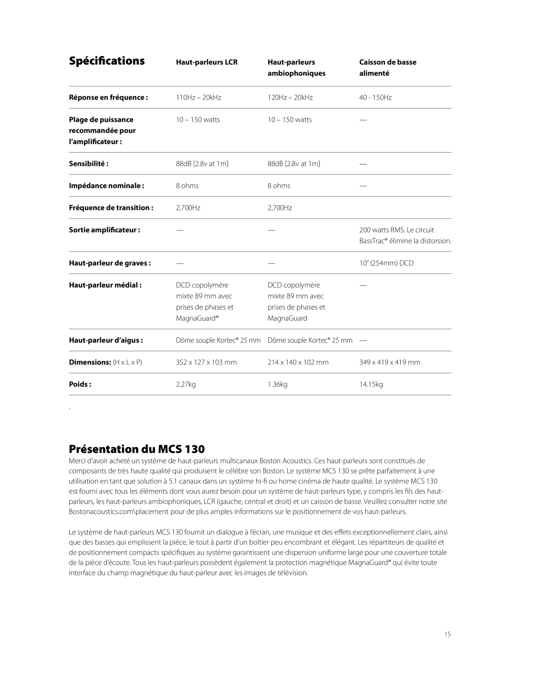 Boston Acoustics MCS 130 owner manual Spécifications, Présentation du MCS 