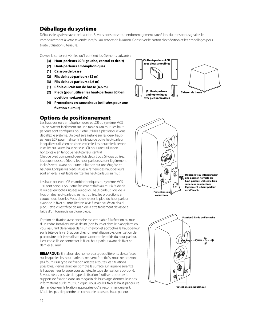 Boston Acoustics MCS 130 owner manual Déballage du système, Options de positionnement 