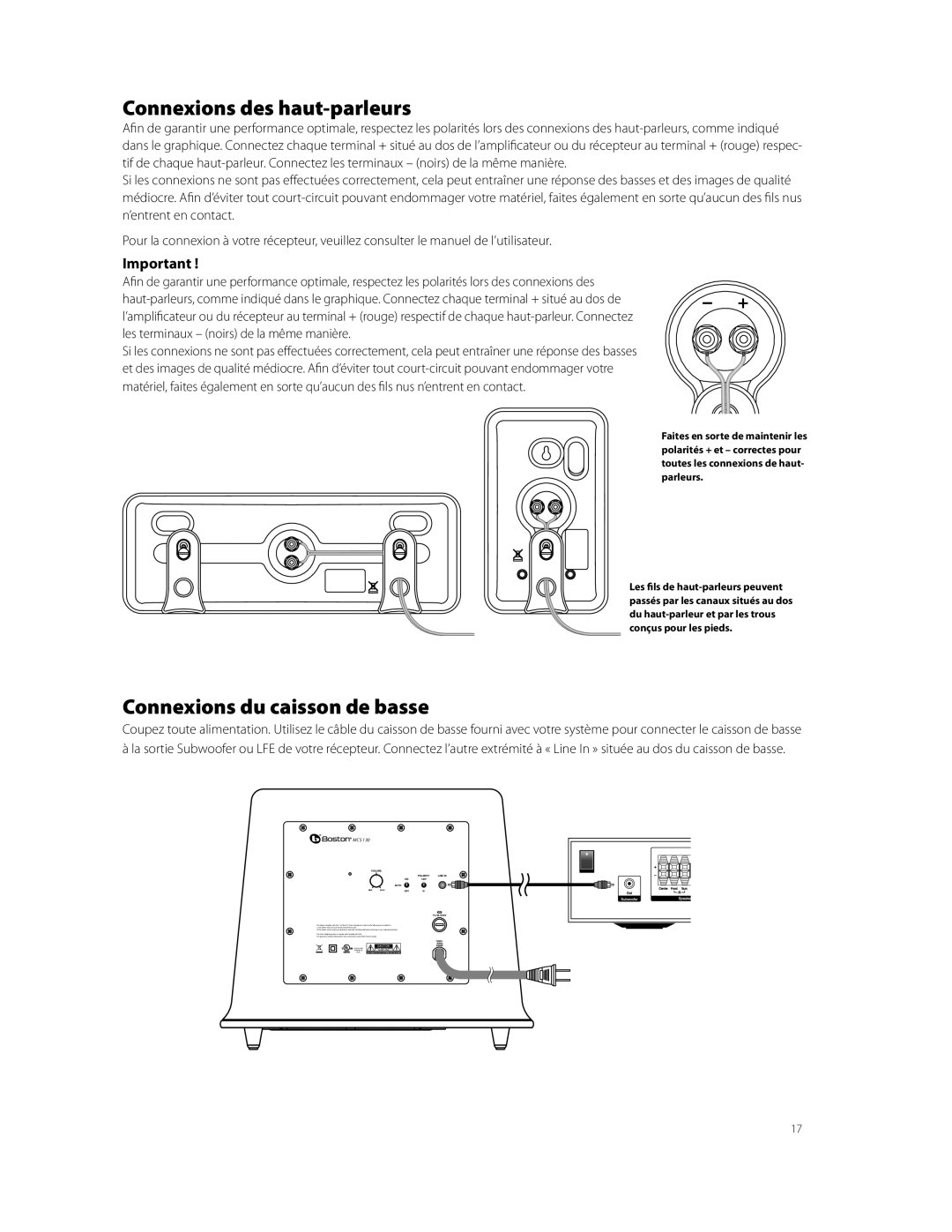 Boston Acoustics MCS 130 owner manual Connexions des haut-parleurs, Connexions du caisson de basse 