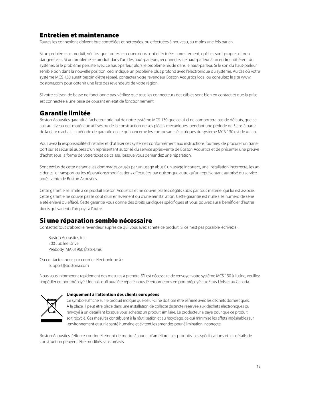 Boston Acoustics MCS 130 owner manual Entretien et maintenance, Garantie limitée, Si une réparation semble nécessaire 