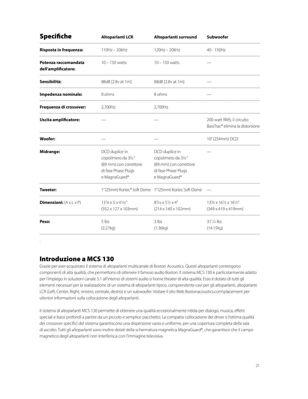 Boston Acoustics MCS 130 owner manual Specifiche, Introduzione a MCS 