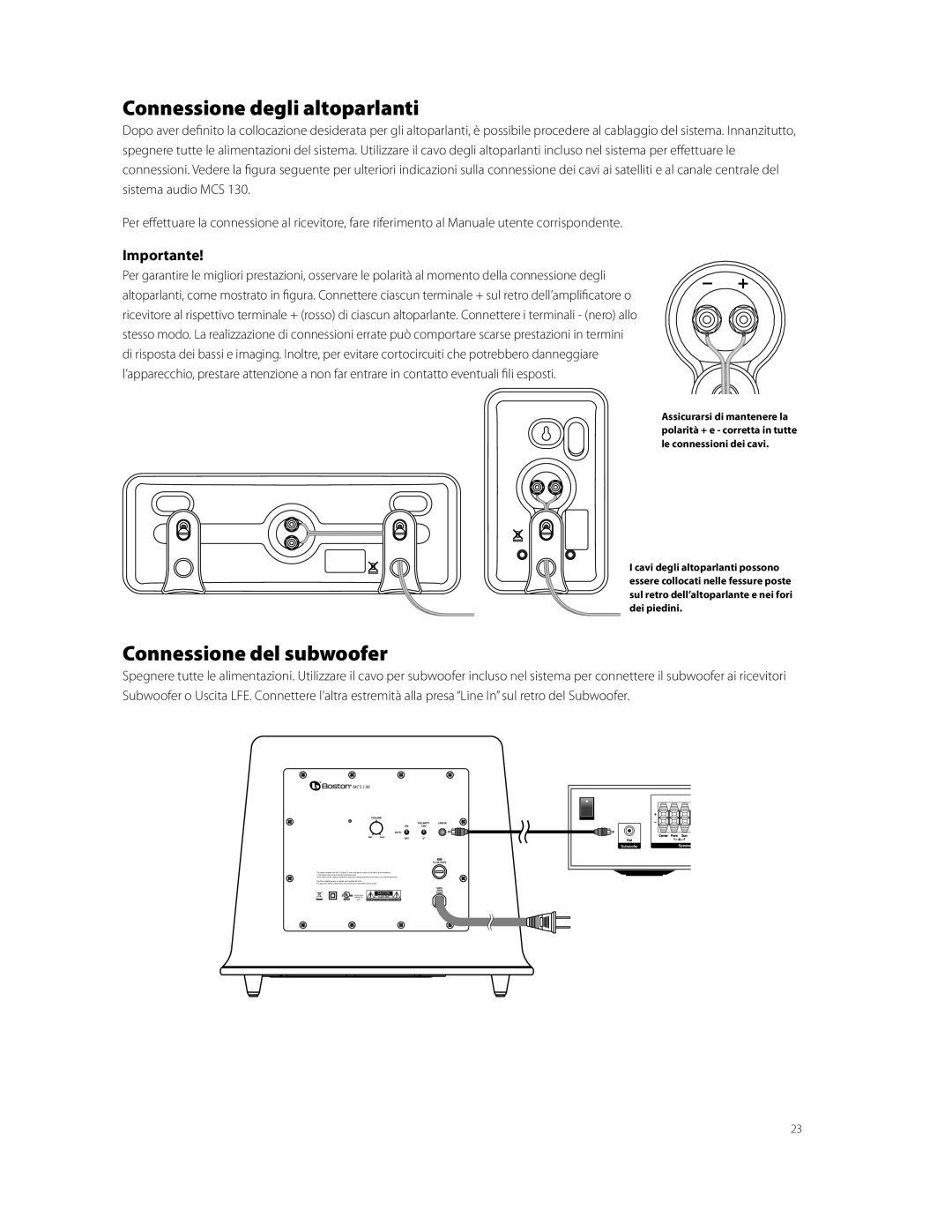 Boston Acoustics MCS 130 owner manual Connessione degli altoparlanti, Connessione del subwoofer, Importante 