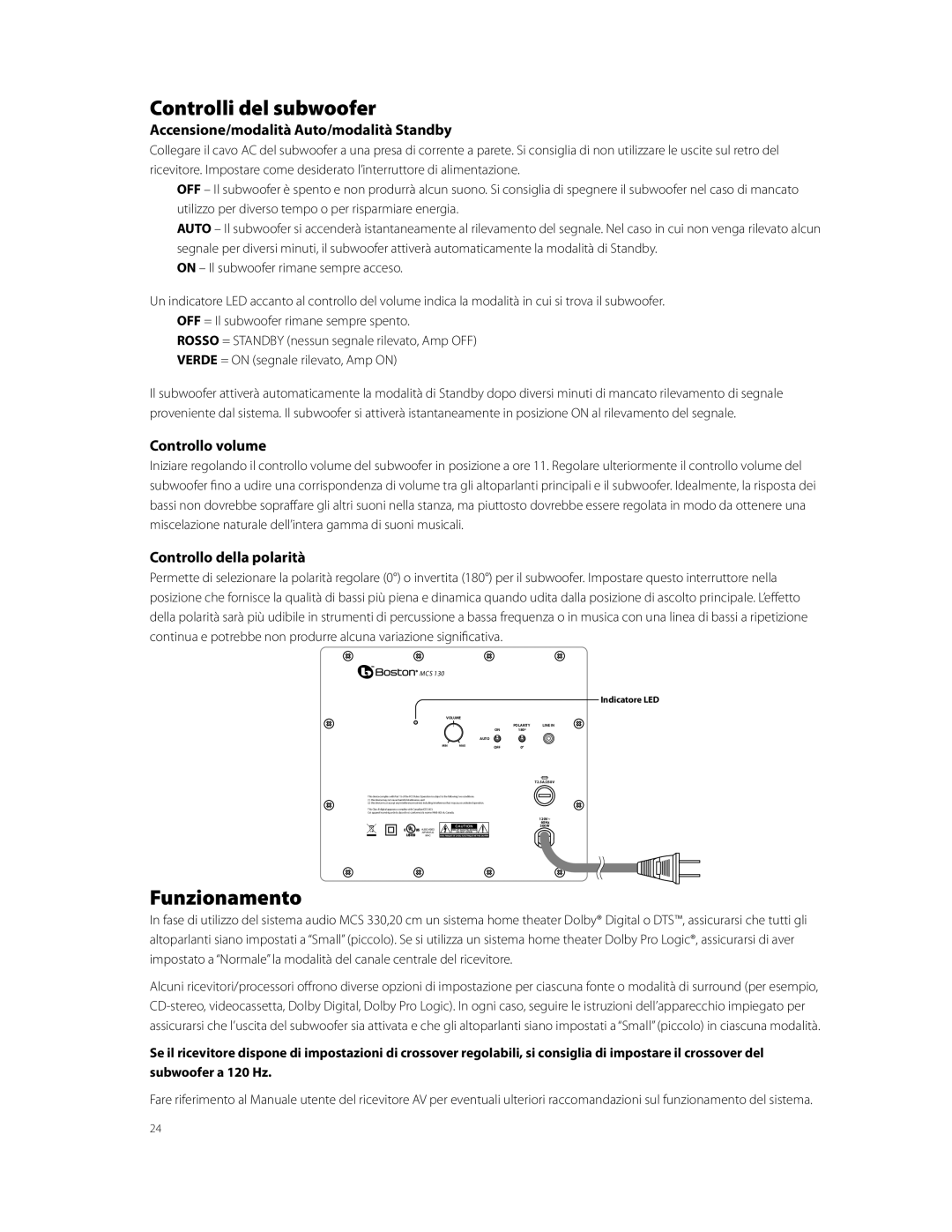 Boston Acoustics MCS 130 owner manual Controlli del subwoofer, Funzionamento, Accensione/modalità Auto/modalità Standby 