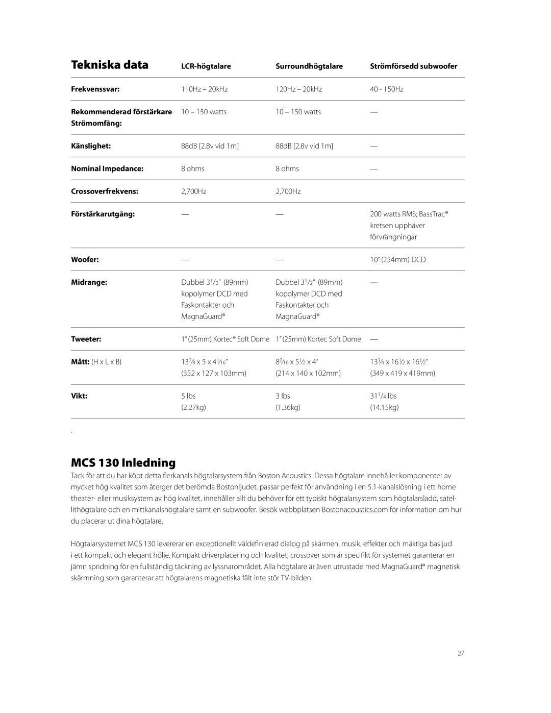 Boston Acoustics owner manual Tekniska data, MCS 130 Inledning 