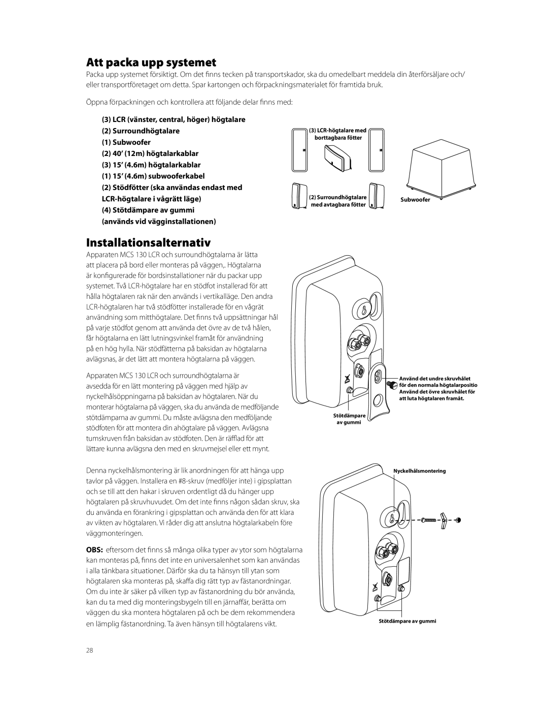 Boston Acoustics MCS 130 owner manual Att packa upp systemet, Installationsalternativ 