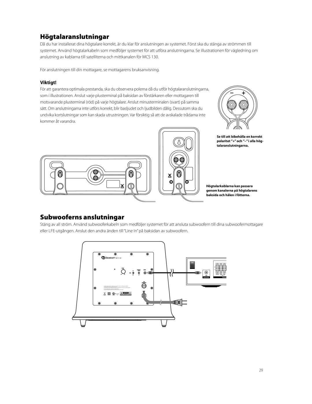 Boston Acoustics MCS 130 owner manual Högtalaranslutningar, Subwooferns anslutningar, Viktigt 