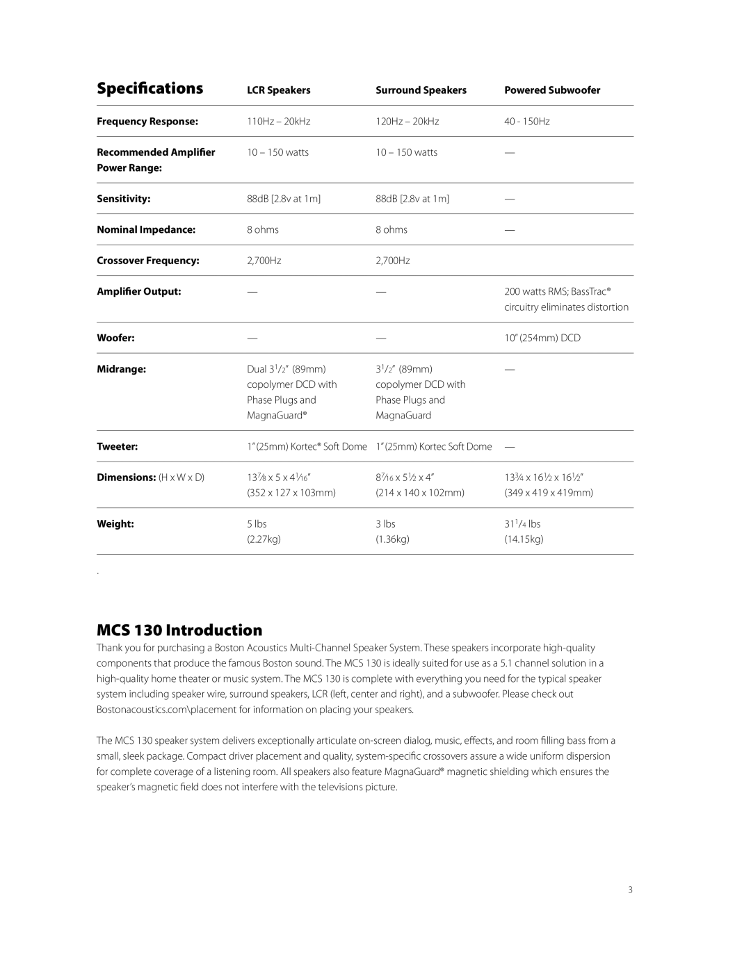 Boston Acoustics owner manual Specifications, MCS 130 Introduction 