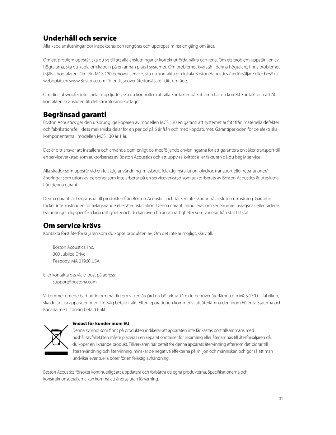 Boston Acoustics MCS 130 owner manual Underhåll och service, Begränsad garanti, Om service krävs, Endast för kunder inom EU 