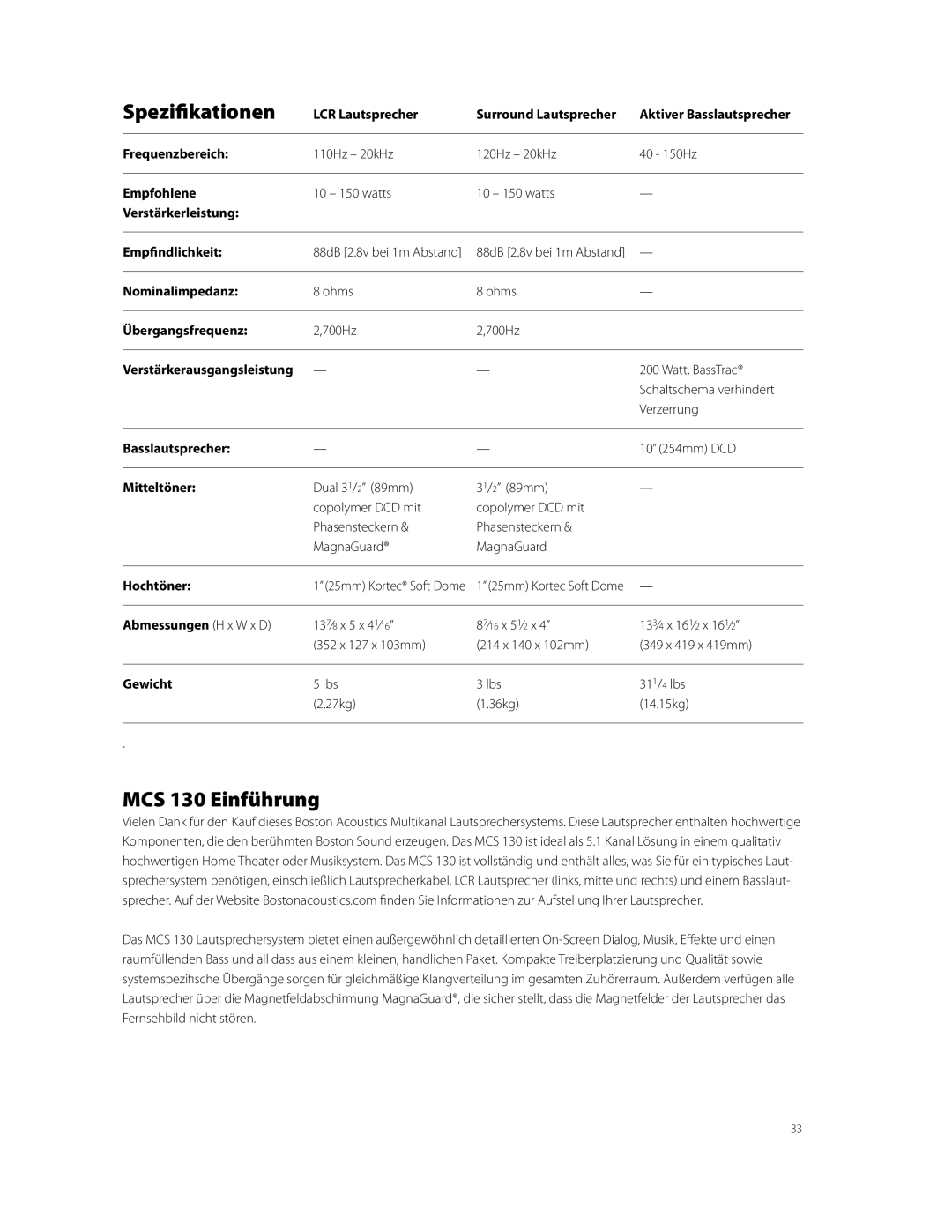 Boston Acoustics owner manual Spezifikationen, MCS 130 Einführung 