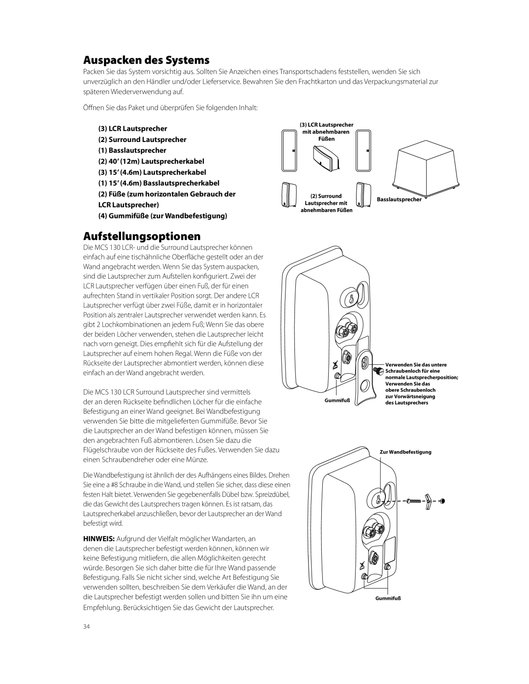 Boston Acoustics MCS 130 owner manual Auspacken des Systems, Aufstellungsoptionen 