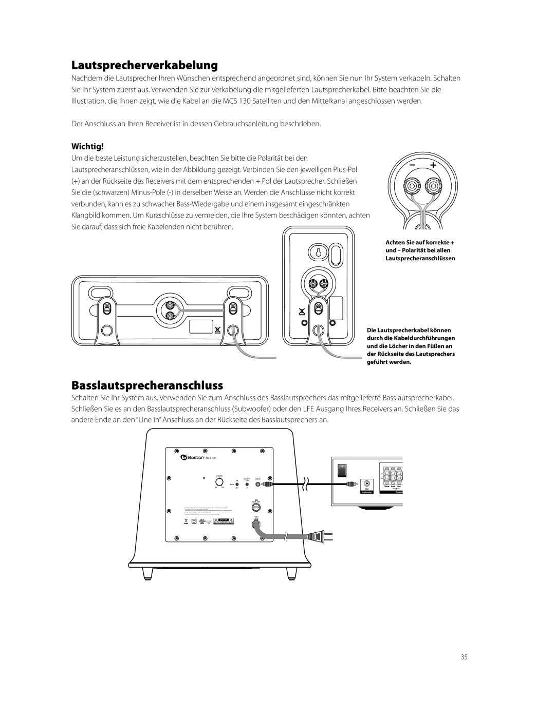 Boston Acoustics MCS 130 owner manual Lautsprecherverkabelung, Basslautsprecheranschluss, Wichtig 