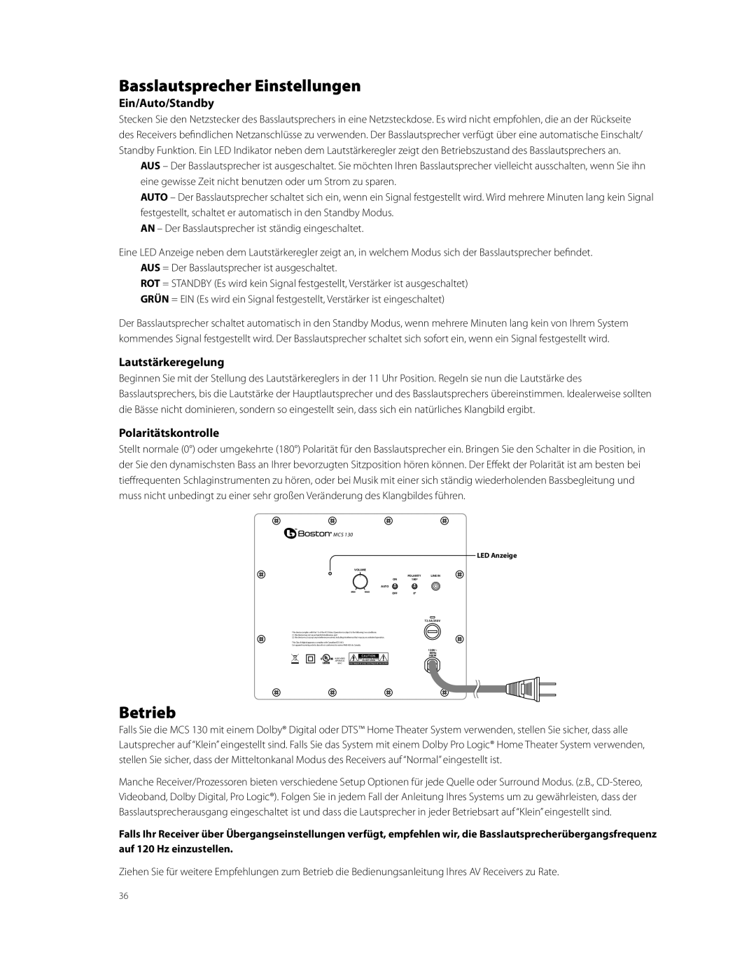 Boston Acoustics MCS 130 owner manual Basslautsprecher Einstellungen, Betrieb, Ein/Auto/Standby, Lautstärkeregelung 