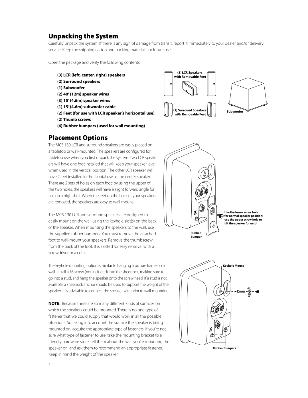 Boston Acoustics MCS 130 owner manual Unpacking the System, Placement Options 