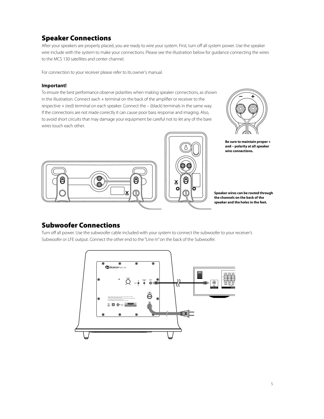 Boston Acoustics MCS 130 owner manual Speaker Connections, Subwoofer Connections 